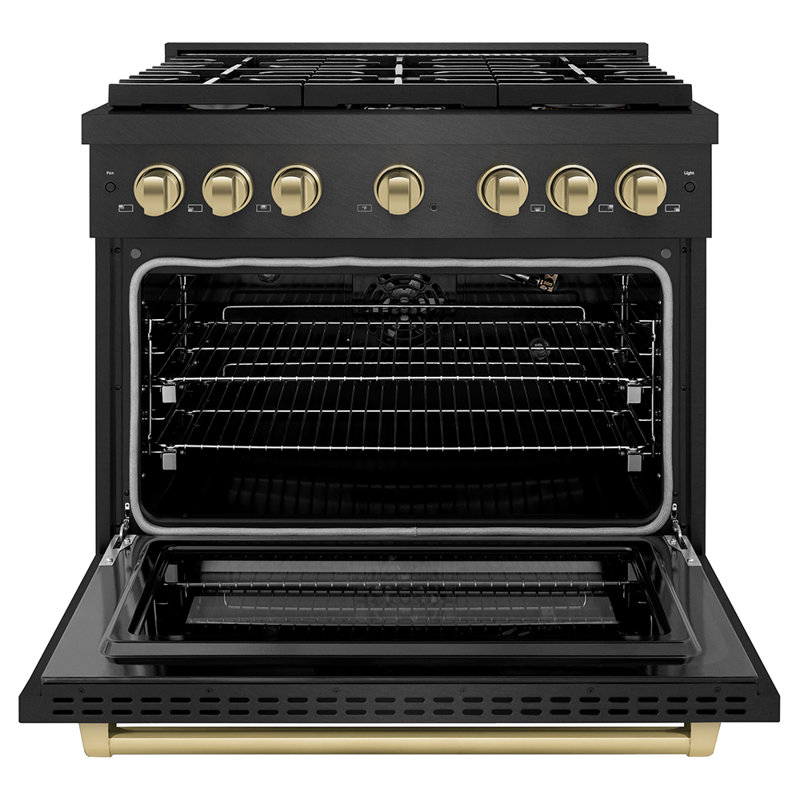 ZLINE Autograph 36 in. Paramount Gas Range in Black Satin Stainless Steel and Gold Accents, Champagne Bronze