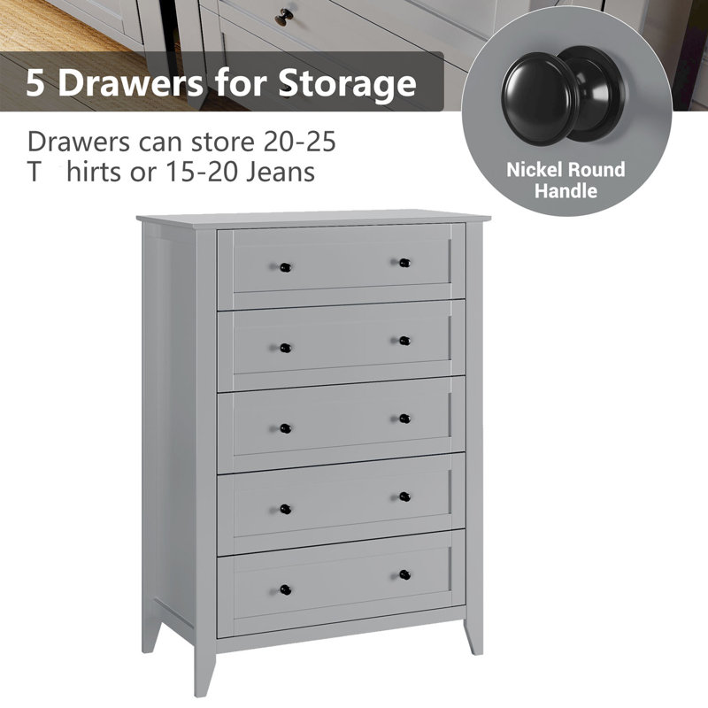 Commode 5 tiroirs pour chambre à coucher, Gris
