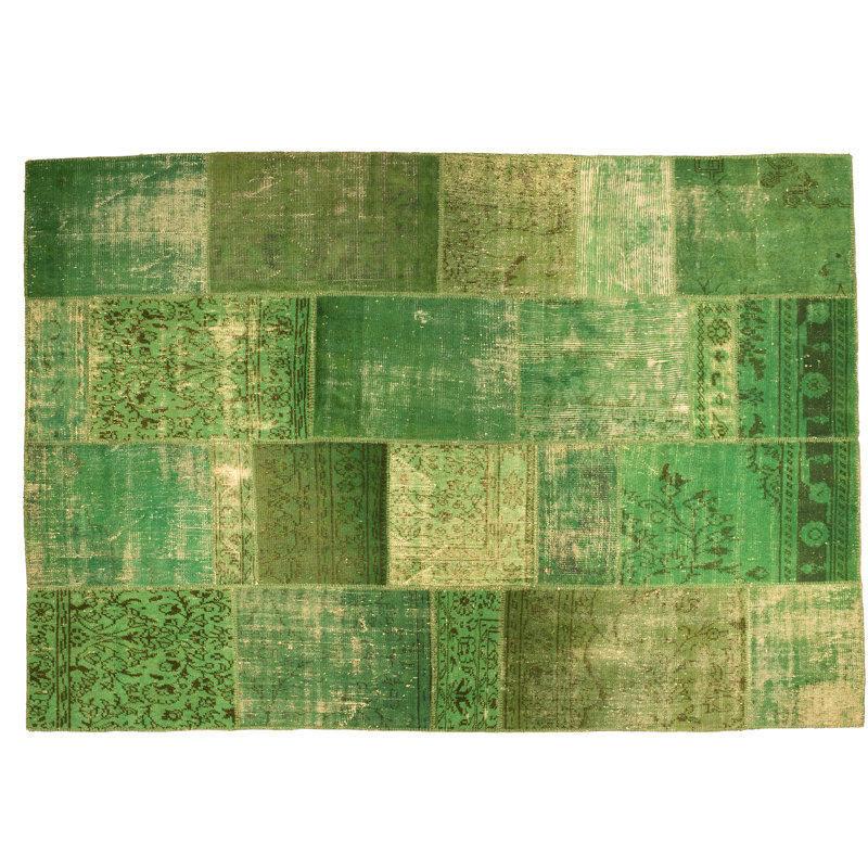 Tapis vert en laine noué à la main One-of-a-Kind Patchwork