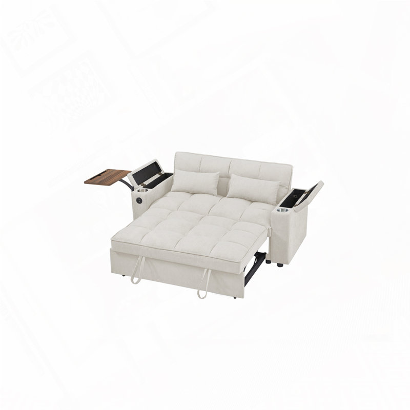 Canapé-lit chenille en tissu avec accoudoirs de rangement, port USB et table d'appoint, Beige