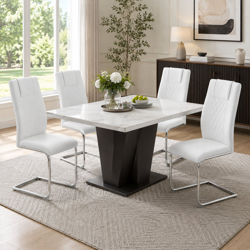 Kimara Modern Faux Leather Diamond Quilt Cantilever Dining Chairs (Set of 4), Set of 4, White, Silver