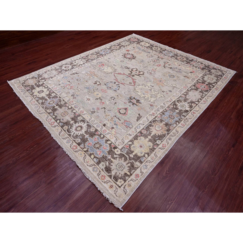 Tapis brun noué à la main 8 pi 2 po x 9 pi 8 po, motif de feuilles, oushak angora afghan, teintures naturelles, pure laine, noué à la main