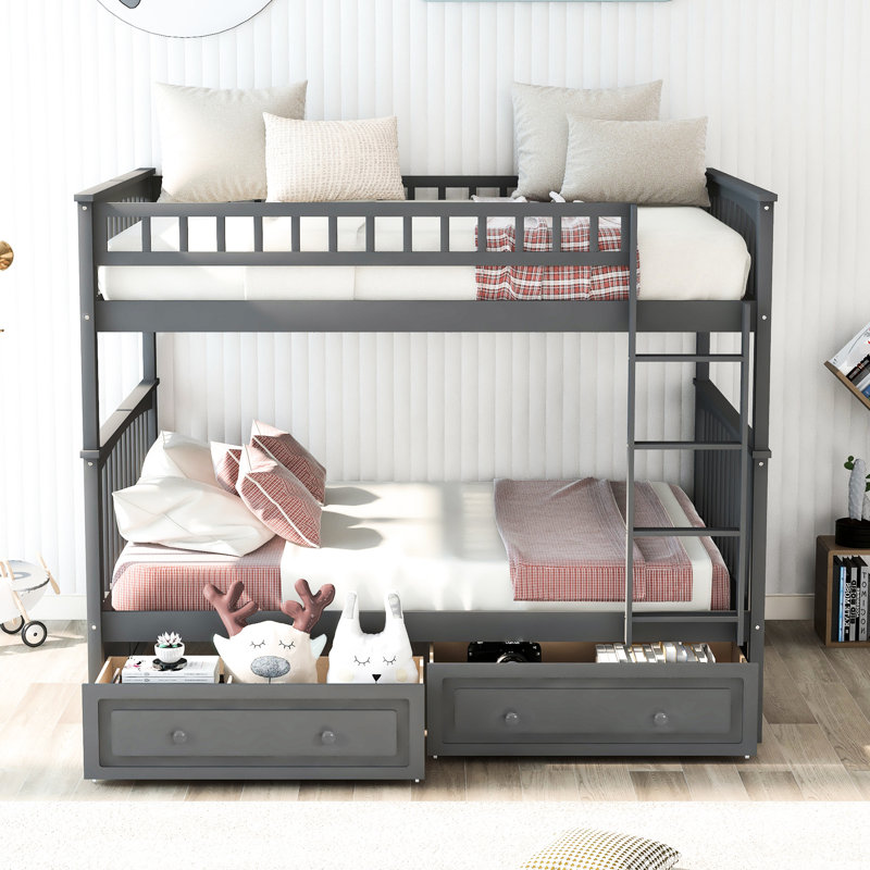 Lit superposé convertible au-dessus d'un lit superposé avec tiroirs - Gris, Double, Gris