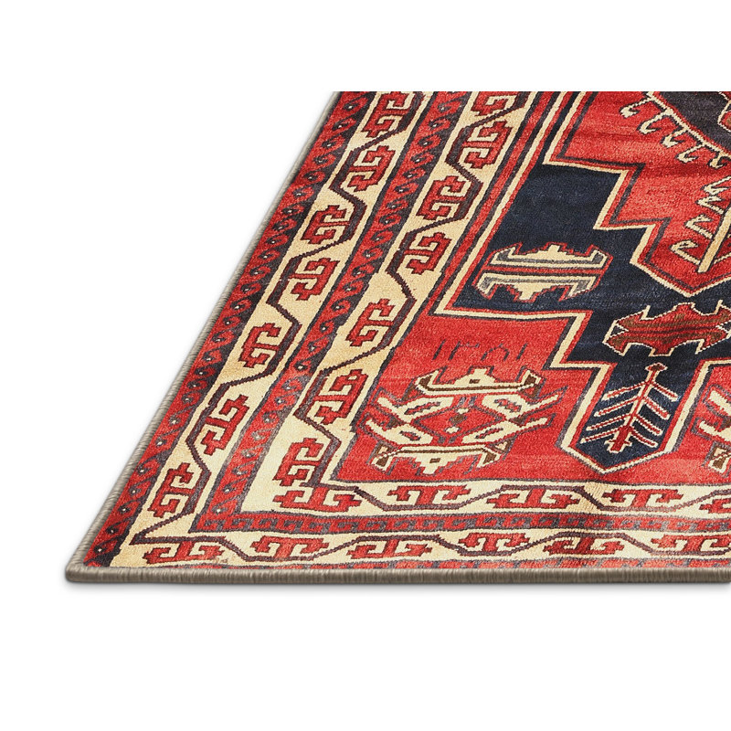 Tapis traditionnel rouge / bleu / beige, Rectangle 5 pi x 7 pi