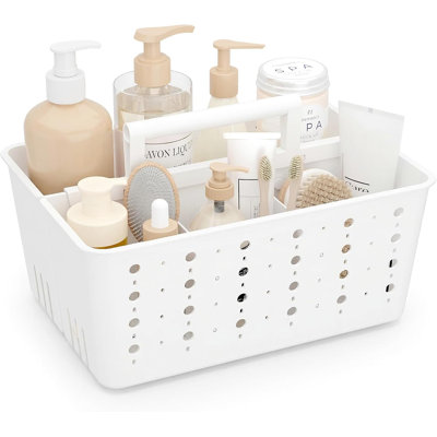 Portable ABS Plastic Shower Caddy with Handle, Removable Compartment & Drain Design, Bathroom Toiletry Organizer, Dorm Essentials, 1‑Pack, White