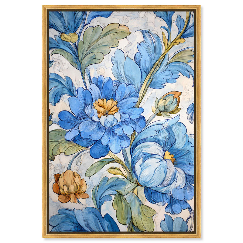 "Blue Chinoiserie", impression murale sur toile par Art Remedy, cadre doré, 36 x 54, Cadre doré, H 55 po x l 37 po