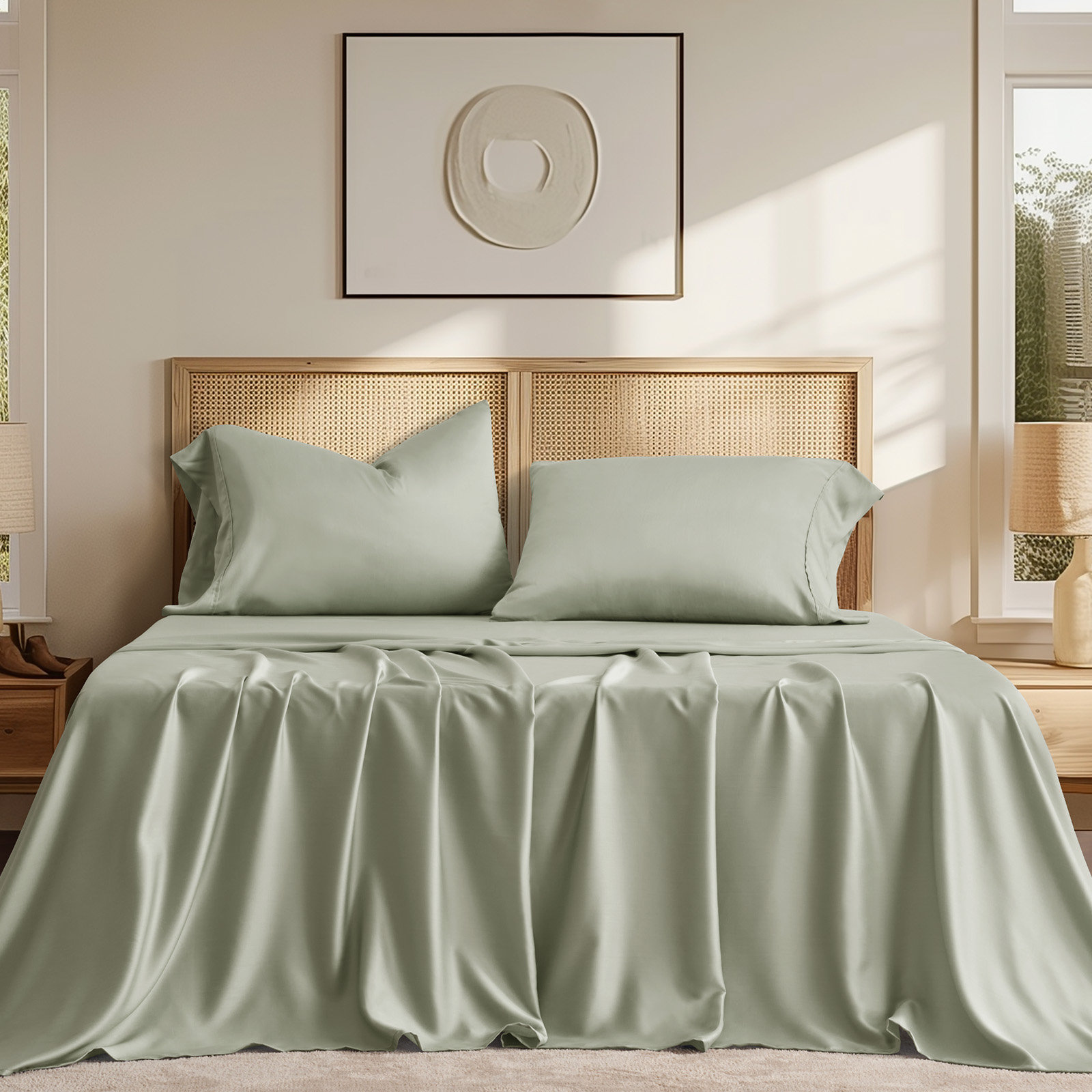 Tencel Sheet Set 4 Pieces, Sage Tea Green, King Sheet Set + 1 Fitted Sheet + 2  Pillowcases