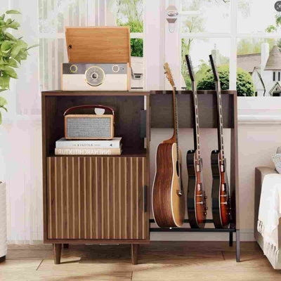 Support multifonctionnel pour guitare et tourne-disque avec prise de courant intégrée, armoire de rangement en bois franc massif pour système audio, haut-parleurs et accessoires, pour le salon