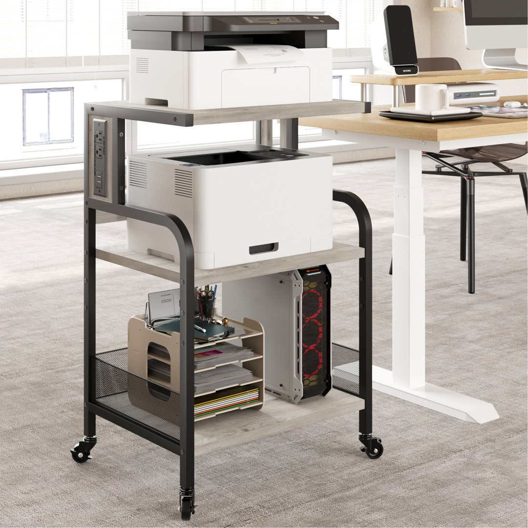 3-Tier Printer Stand with 2 AC Outlets and 2 USB Ports, Adjustable Shelves, Rolling Storage Cart with Lockable Castors, Metal Frame Under-Desk Organis