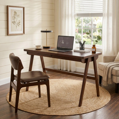 Bureau en hévéa massif avec tiroir, bureau d'ordinateur rétro moderne en noyer, table d'étude robuste de type A