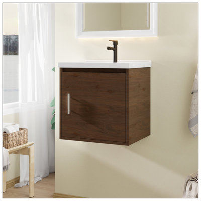 Meuble-lavabo suspendu de 45,7 cm (18 po), armoire murale en contreplaqué avec lavabo en céramique et portes à fermeture amortie, gris, idéal pour les petites salles de bain.