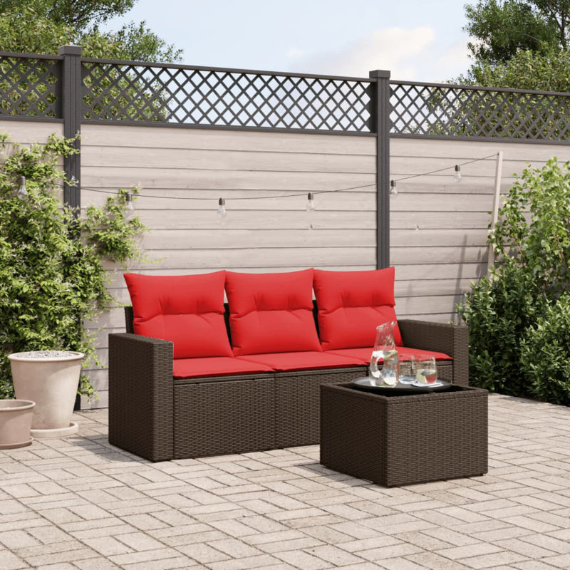 Ensemble de canapé de patio 4 pièces avec coussins en rotin de polyester, Rouge, Brun