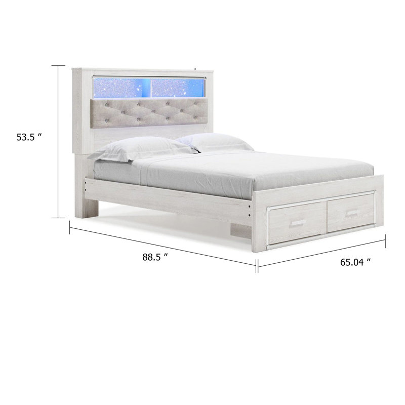 Grand lit de rangement avec tête de lit capitonnée Aly, blanc, DEL Aly, Grand