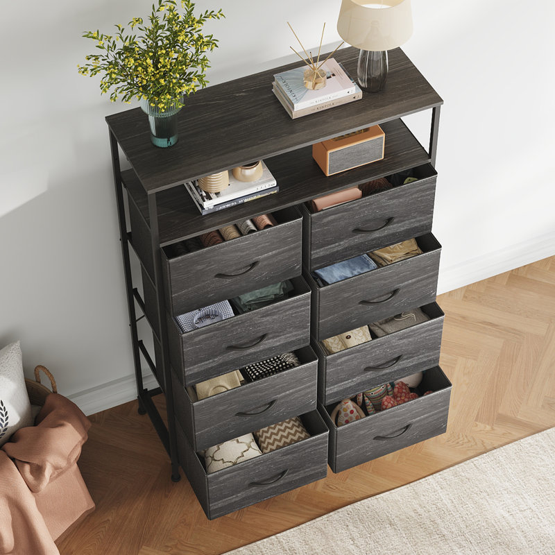 Chaseburg 8-Drawer Dresser with Open Media Shelf, 45.9'' Tall Dresser with Wooden Top, Black Dresser with Sturdy Frame, Chest of Drawers for Bedroom, Closet, Hallway