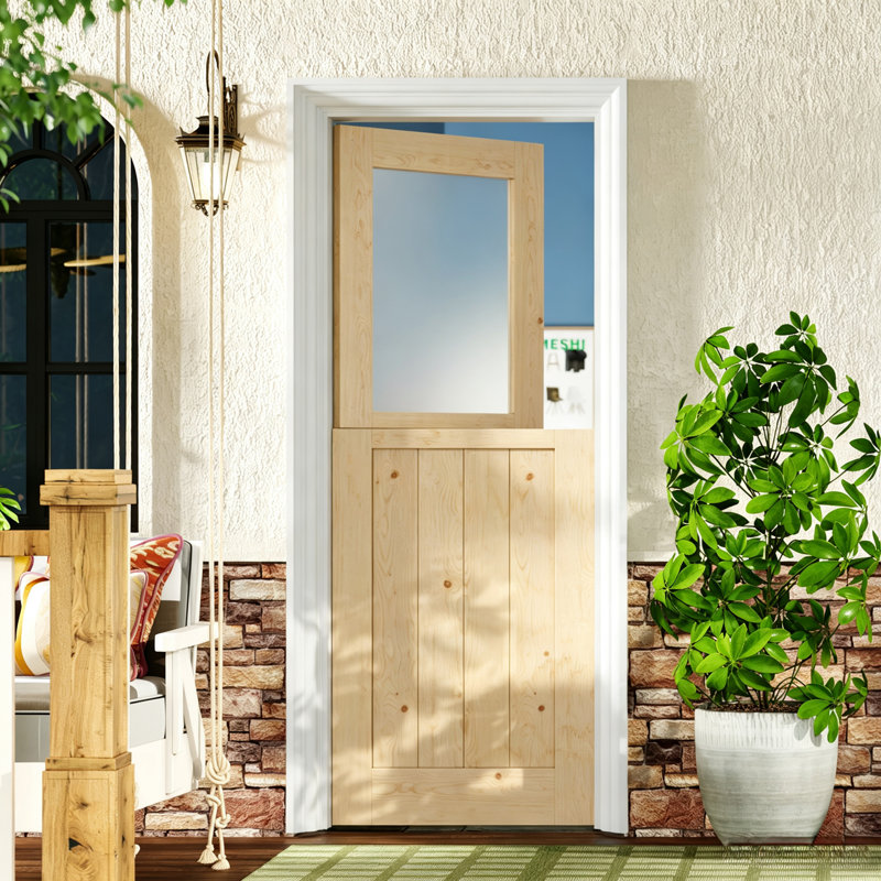 Porte extérieure - 1 porte d'entrée en bois de pin massif en verre givré massif, L 32 po x H 80 po