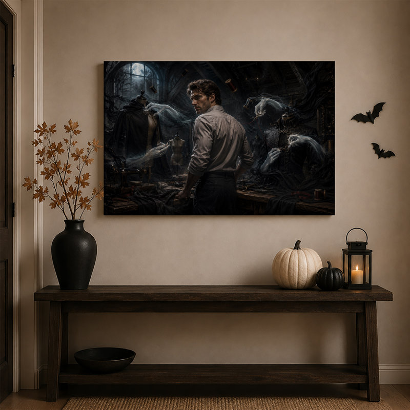 Homme dans une boutique de tailleur au clair de lune, cousant fantomatique, toile murale d'Halloween, H 16 po x l 24 po
