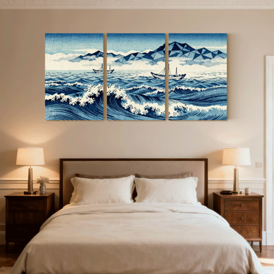 «Ocean Waves Mountains», bateaux, reflets du ciel, ensemble de 3 impressions sur toile