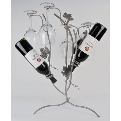 3 Bottle Tabletop Wine Bottle & Glass Rack in Pewter