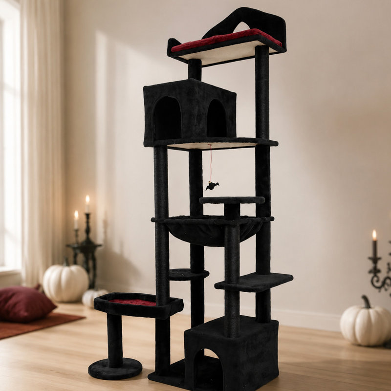 Arbre à chat noir gothique, arbre à chat Spooky multi-niveaux avec poteaux à griffer, perchoirs, hamac et grotte de chat - Tour de chat noir pour chats d'intérieur avec jouet interactif, parfait pour plusieurs chats