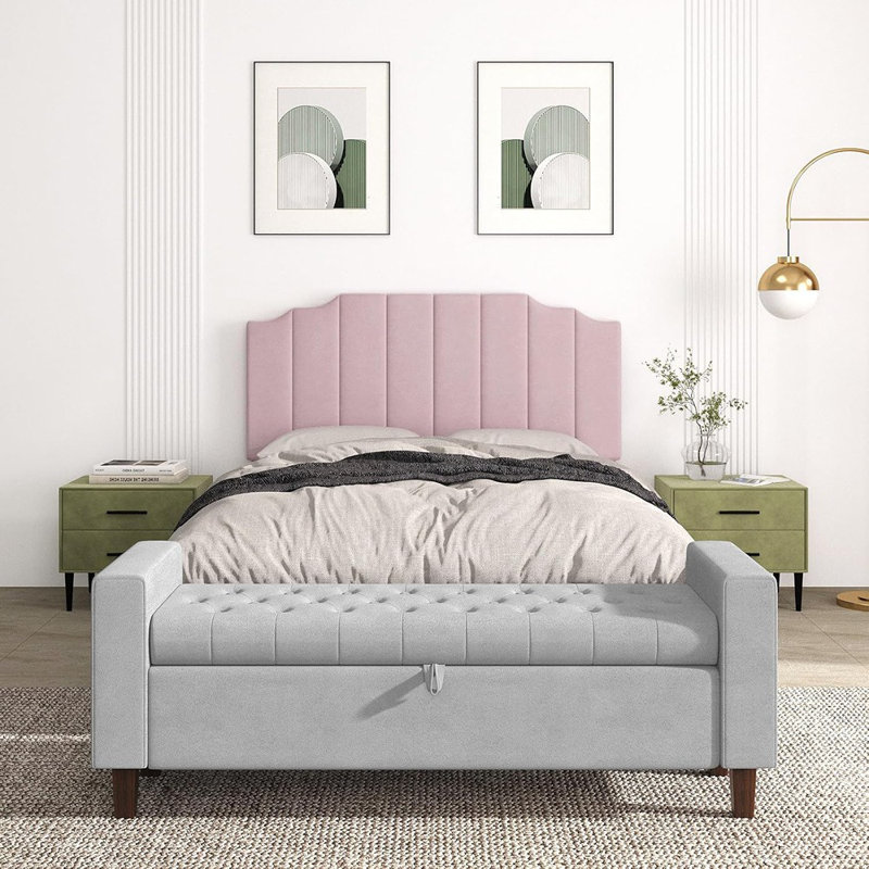 Pink Velvet Upholstered Queen/Full Headboard Only – Wall Mounted, Modern Vertical Channel Design With Curved Tufted Style, Adjustable Bed Compatible