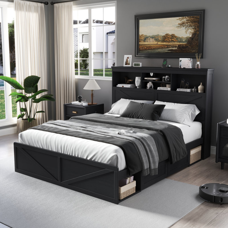 Farmhouse Queen Size Bed Frame With Led Light And Charging Station ,wooden Bed Frame With 52" High Storage Bookcase Headboard, Wooden Slats And 4 Drawers