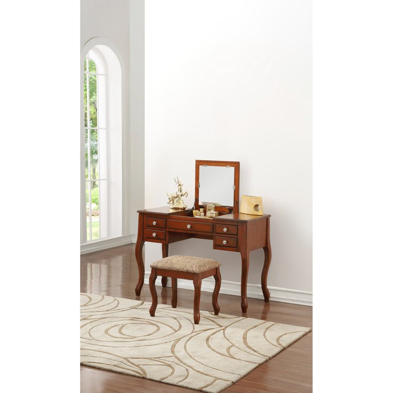 Classic Vanity With Stool, Cherry Color, Construction, Open Mirror, Poplar Veneer And Stool , Bedroom Furniture, Cushioned Seat, Plywood