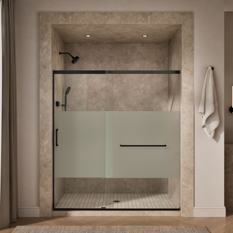 Sliding Shower Door, 75-1/2-In H X 68-1/4 - 71-5/8-In W, With Heavy 5/16-In Thick Crystal Clear Glass With Privacy Band