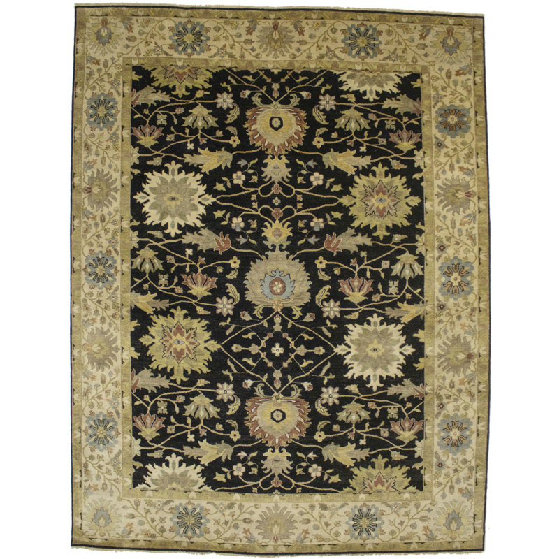 Tapis oriental noir / beige / olive traditionnel 9 pi x 11 pi 10 po Oushak Chobi