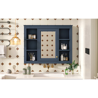 Blue Bathroom Wall Mounted Mirror Cabinet, 35''x27.5'', Versatile Storage Options, Construction 35''x27.5'' Included, Adjustable Hinges,