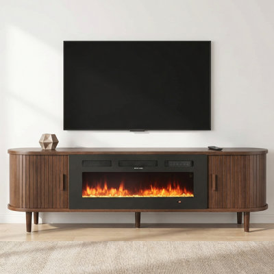 70" Walnut Fluted Fireplace TV Stand With Remote & Touch Control, Adjustable Flame Colors & Temperature, Entertainment Center With Storage For 80" Tvs, Modern Media Console For Living Room