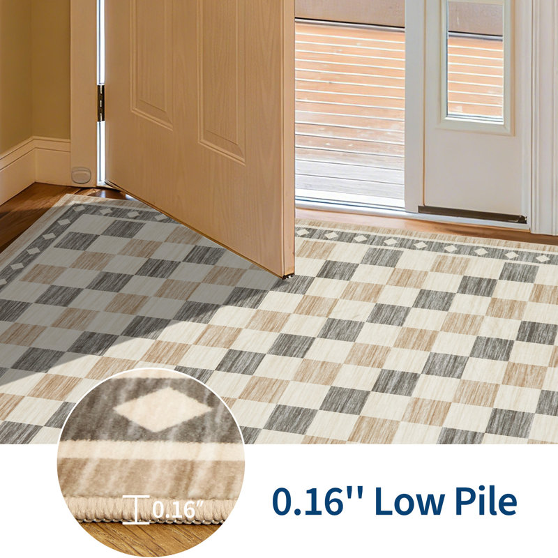 Modern Geometric Checkered Area Rug - Soft Low Pile, Washable, Non-Slip Carpet for Living Room, Bedroom, Dining Room, Brown