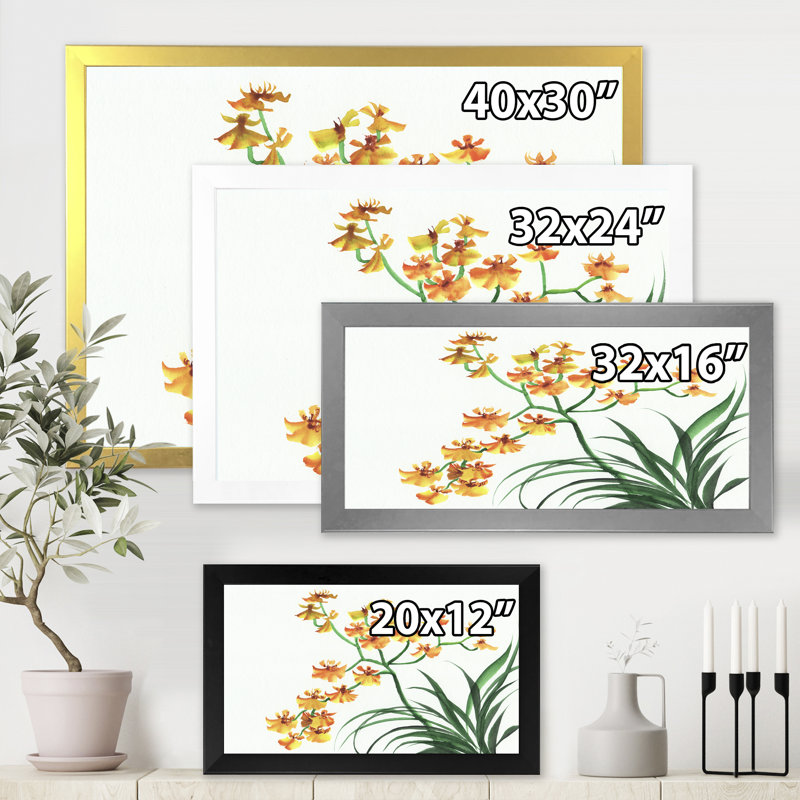 Orchidées jaunes rétro - peinture sur toile, H 24 po x l 32 po x P 1 po, Cadre noir