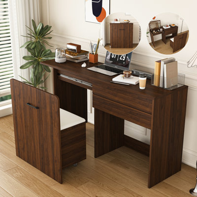Bureau extensible multifonctionnel, bureau pliable de 119 cm, table de maquillage avec miroir, 3 modes d'utilisation, équipé d'un tabouret avec fonction de rangement, convient pour la chambre, l'appartement (Noyer)