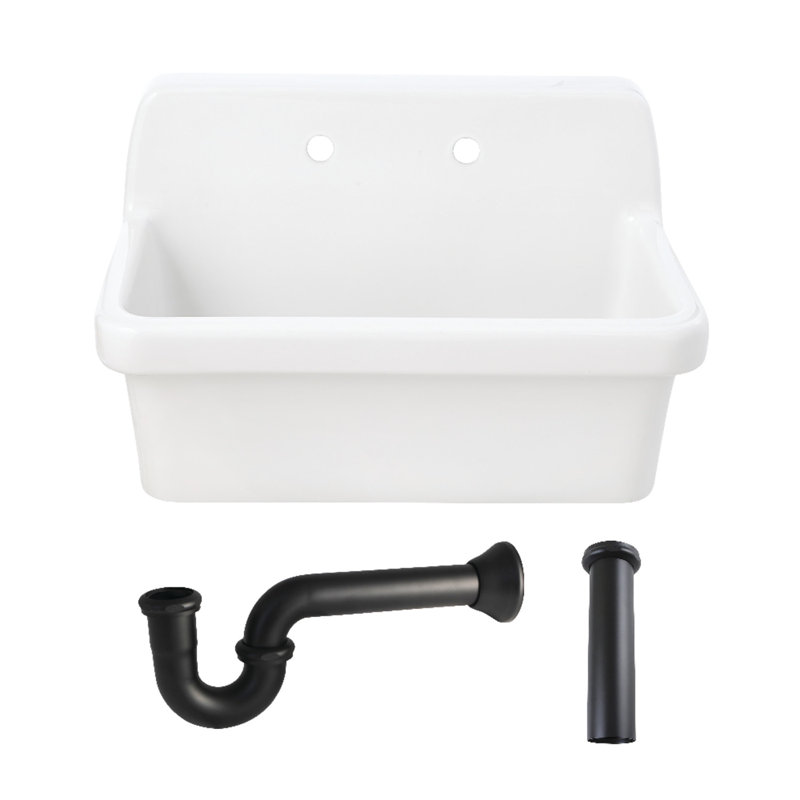 Kingston Brass Doriteal 30" Ceramic Single Bowl Wall Mount Kitchen Sink With Strainer, Matte Black