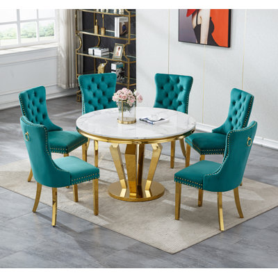 Round Dining Table Set, Faux Marble Dining Table & Velvet Chairs with Stainless Steel Pedestal, 44.88" Dining Room Table and Chairs Set, Luxury Circle Dining Table Set