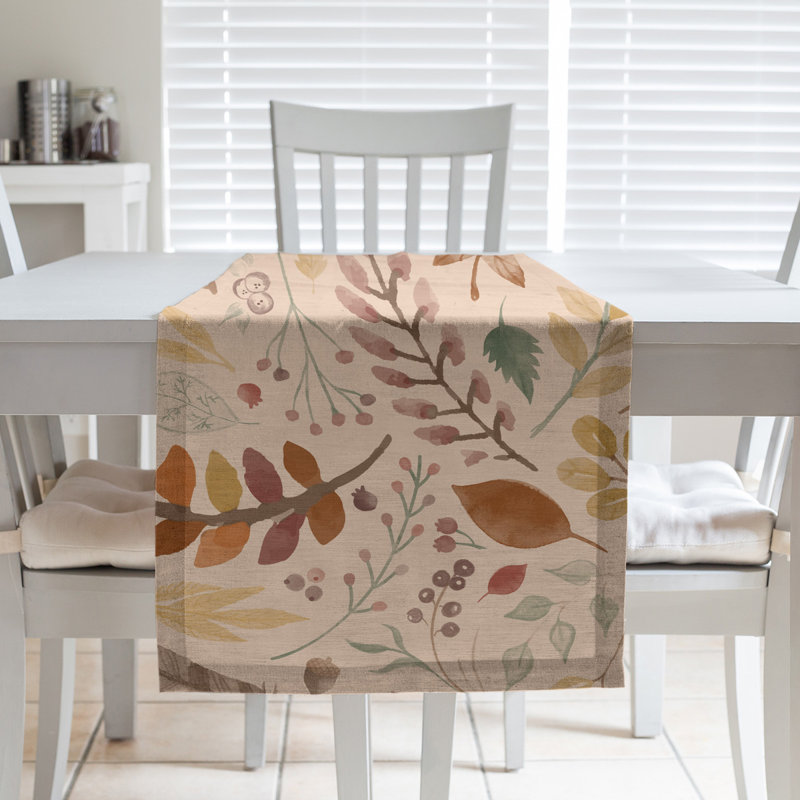 Festive Hol Autumn Table Runner, 90" L x 16" W, Polyester, Beige/Brown/Green