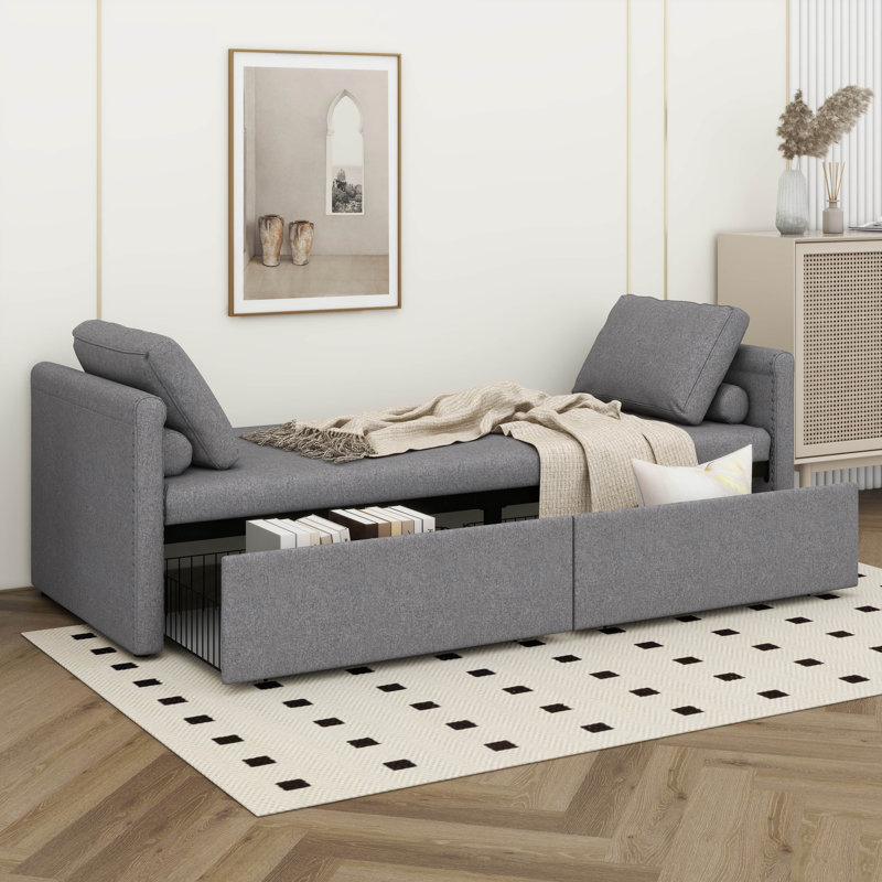 Modern Upholstered Chaise Lounger Daybed - A Small Single Size With 2 Built-In Drawers, Grey