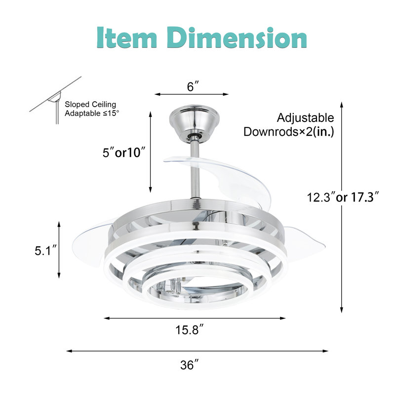 Gwenette 36'' Modern DIY Shade Ceiling Fan with LED Lights, 6-Speed DC Motor Ceiling Fan, Chrome