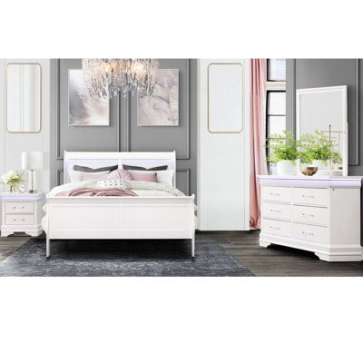Lit double blanc, chambre à coucher confortable de style moderne à DEL, bois massif et lit avec design pour une pièce, finition: 54,61 po de profondeur, 84,49 de largeur, 47,37 de hauteur