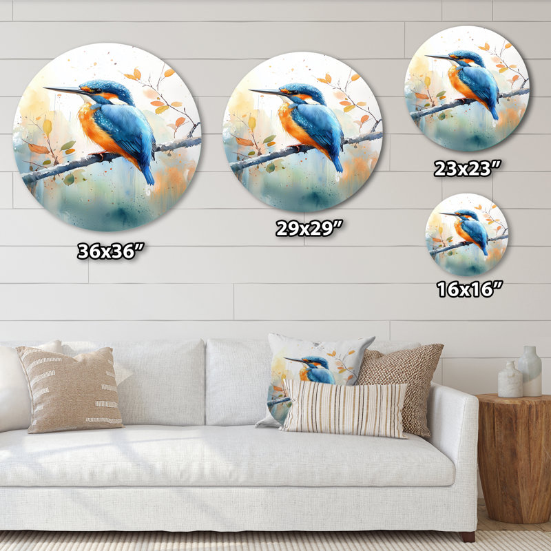 Joelaine - oiseau mural rond en métal, décoration murale moderne en métal bleu, H 16 po x l 16 po