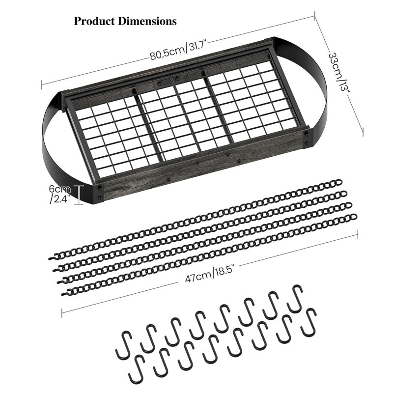 Support à casseroles à suspendre 31,7 pouces avec support à casseroles et 16 crochets en S amovibles, Noir anthracite