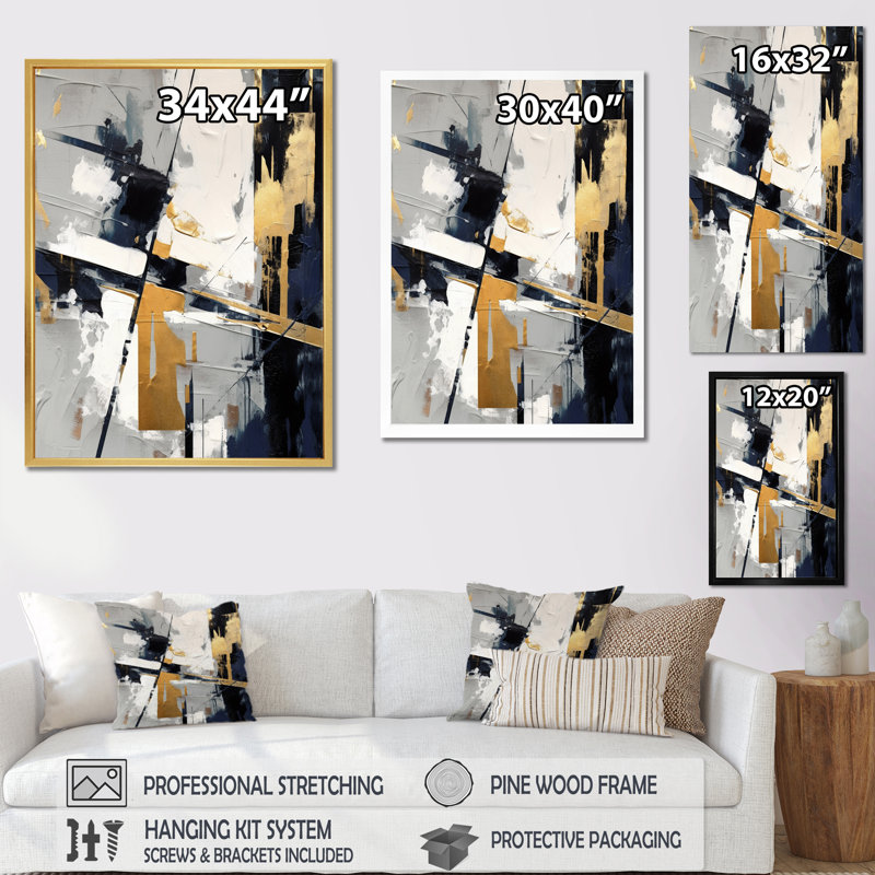 «Grey and Gold Impressions Transcendent II - Abstract Shapes», art mural, H 40 po x l 30 po x P 1,5 po, Cadre flottant doré