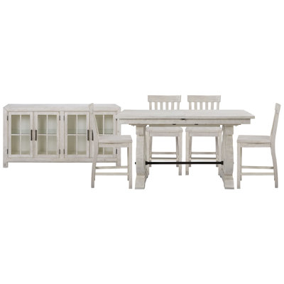 Extendable Rectangular Counter Height Dining Table With 4 Counter Chairs And Buffet