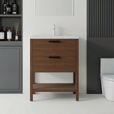 Meuble-lavabo autoportant de 24 po avec lavabo, tiroir à fermeture en douceur, lavabo en céramique, contreplaqué