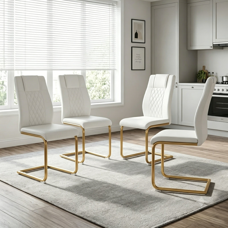 Kimara Modern Faux Leather Diamond Quilt Cantilever Dining Chairs (Set of 4), White, Gold, Set of 4