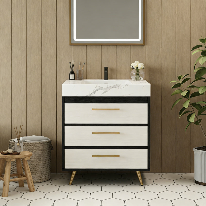 Modern Minimalist Bathroom Vanity, White, White