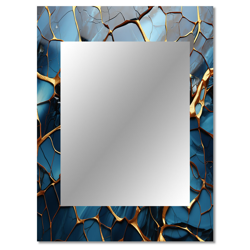 Or et or marbre bleu mosaïque agate I - miroir mural abstrait unique, miroir moderne, art imprimé en métal, 40 po x 30 po