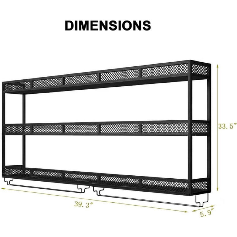 39In Wine Rack With LED Lighting Wall Mounted Glass Holder, 3-Tiers Liquor Bottles Shelves Display Storage Organizer Hanging Long Stemware Goblet Metal For Home Mini Bar Cellar Black