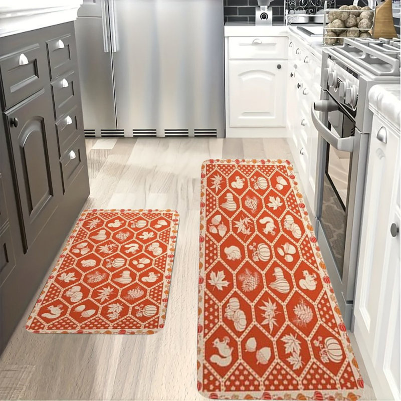 Tapis d'automne à motif écureuil citrouille d'automne, tapis de flanelle antidérapant 2 pièces pour la cuisine et la chambre à coucher