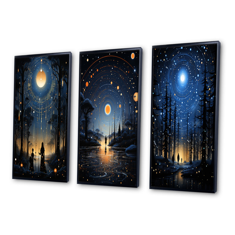 «Native Art Blue Celestial Guardians», 3 pièces sur toile, Cadre flottant noir, H 32 po x l 48 po